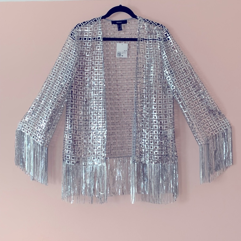 Forever 21 ✨Silver Sequin Open-Knit Fringe Kimono
New with tags (Size: S/M)